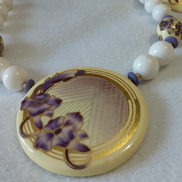 3 Pc Vintage Necklace Earring Set Porcelain Painted Beads Petunia Purple Pierced - Picture 4 of 8